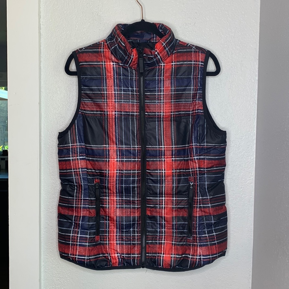 Tribal Plaid Puffer Vest Medium Red Navy Duck Down Blend Zip Front Cabin Outdoor